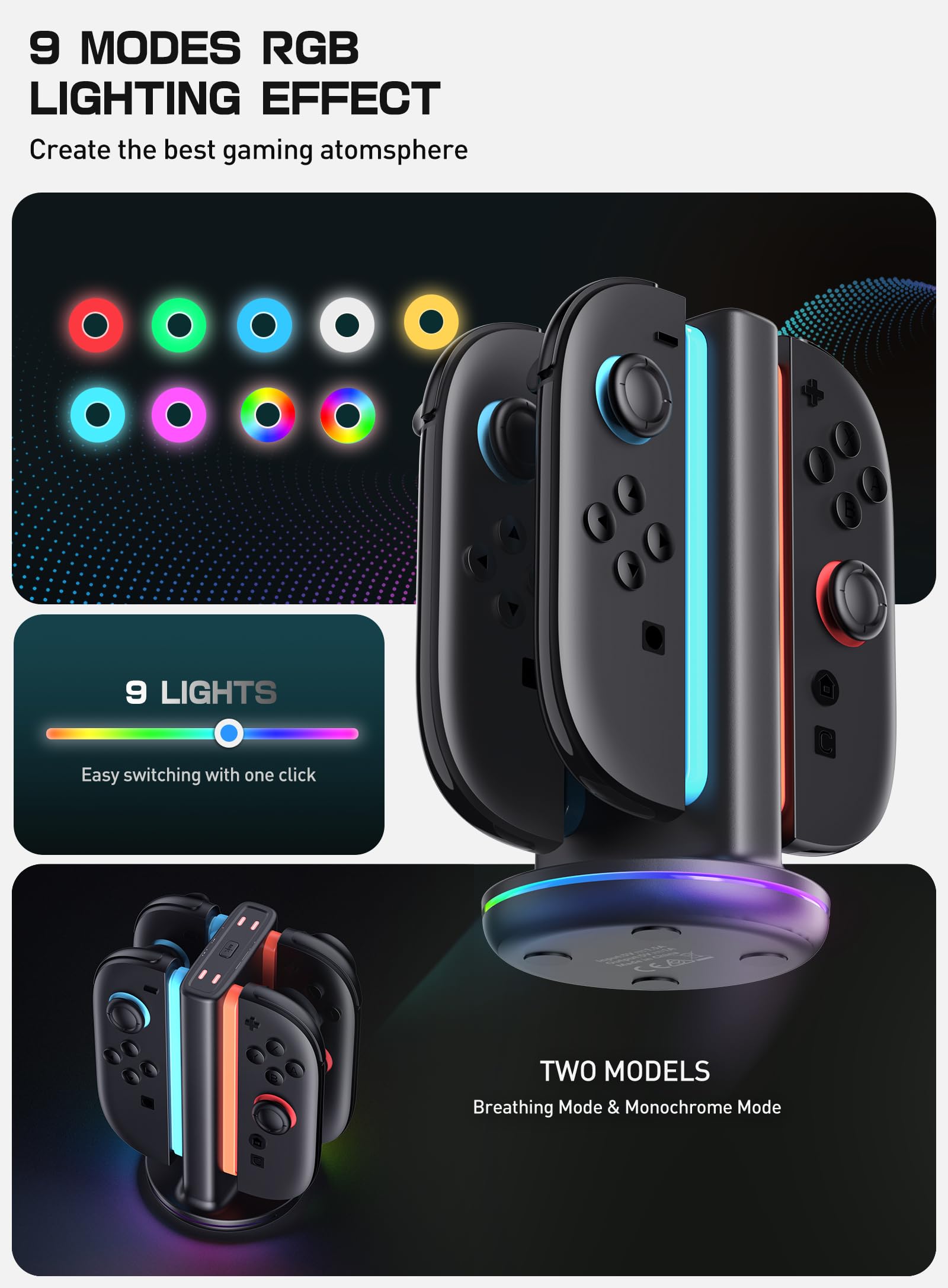 SUPCASE Charging Dock for Nintendo Switch 2 Joy Con, [Supports Dual-Side Charging] [9 Light Modes] Magnetic Controller Fast Charger Stand Station Compatible with Switch 2 Joy Con Accessories, Black - Image 5