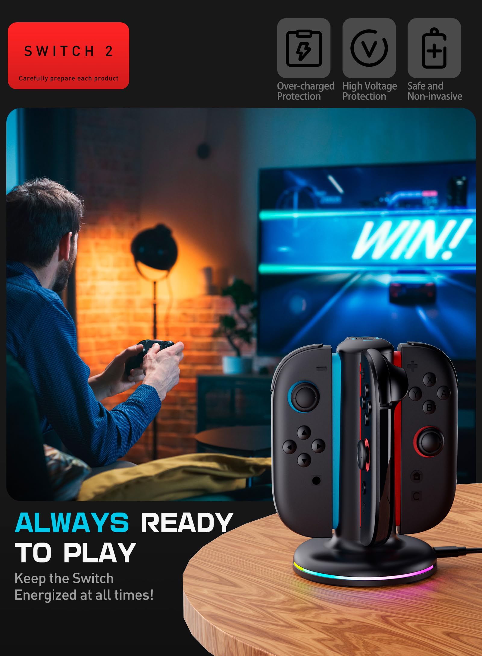 SUPCASE Charging Dock for Nintendo Switch 2 Joy Con, [Supports Dual-Side Charging] [9 Light Modes] Magnetic Controller Fast Charger Stand Station Compatible with Switch 2 Joy Con Accessories, Black - Image 8