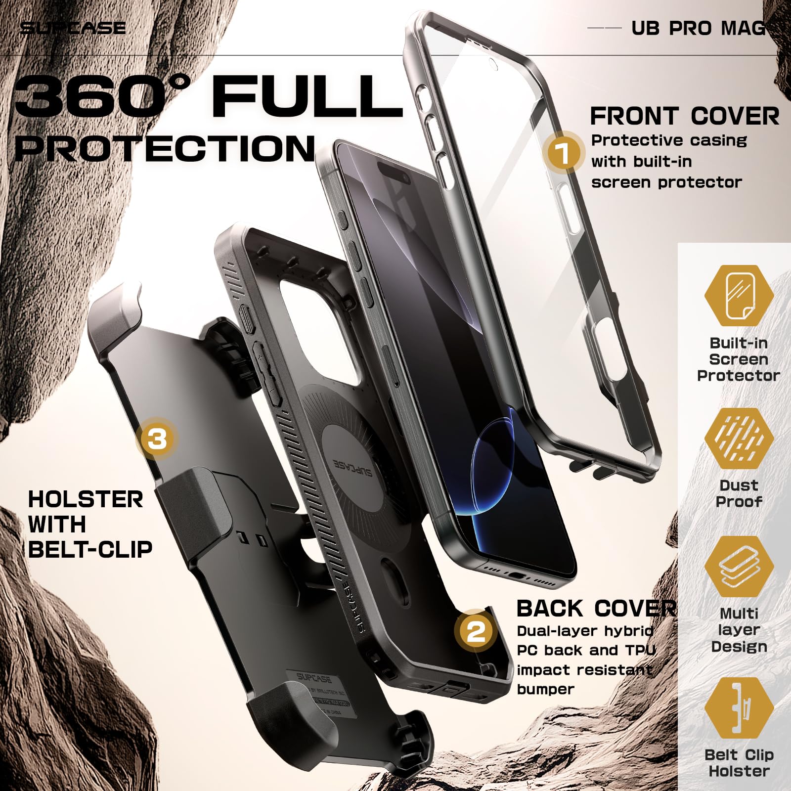 SUPCASE for iPhone 16 Pro Max Case with Stand (UBPro Mag), [Support MagSafe] [Built-in Screen Protector & Belt Clip] [Military-Grade Protection] Magnetic Phone Case for iPhone 16 Pro Max 6.9'', Black - Image 7
