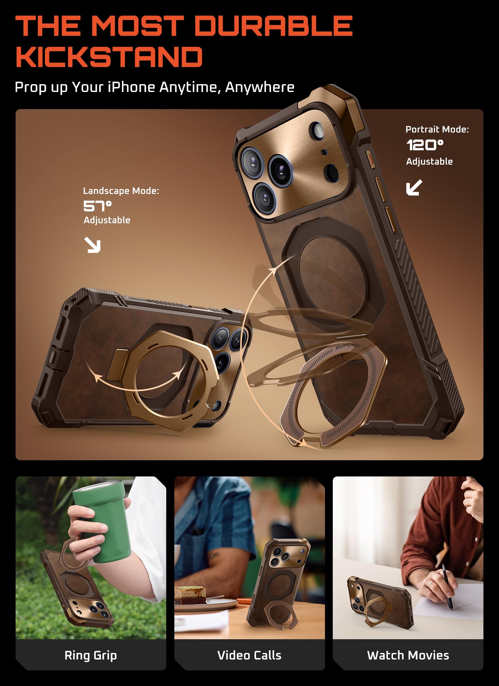 SUPCASE for iPhone 17 Pro Max Case with Kickstand (Unicorn Beetle Grip), [Camera Control Cover] [Compatible with MagSafe] [Military-Grade Drop Protection] Premium Leather Magnetic Phone Case, Brown - Image 4