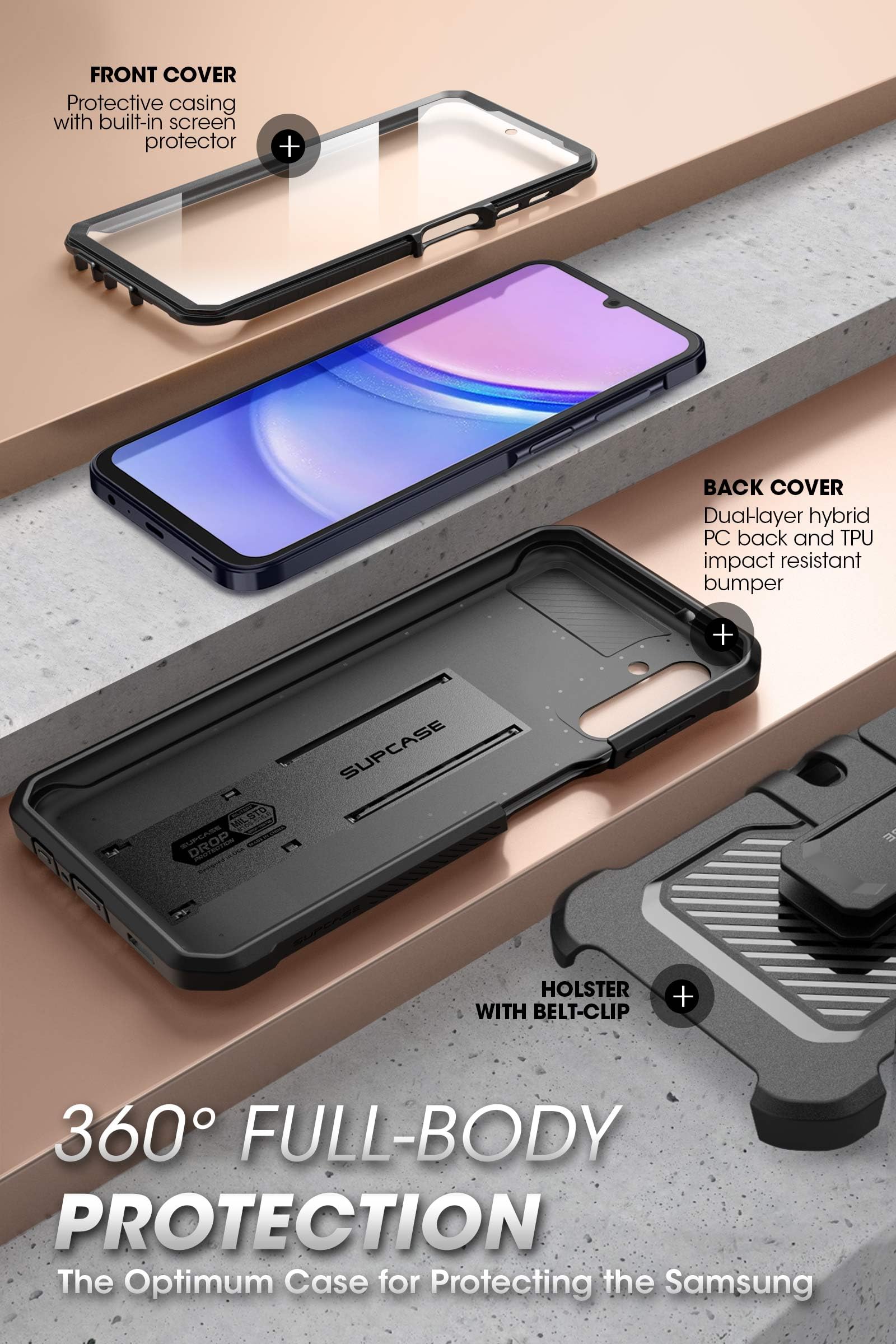 SUPCASE for Samsung Galaxy A16 Case with Screen Protector (Unicorn Beetle Pro), [Built-in Stand & Belt-Clip] [Military-Grade Protection] Full Body Heavy Duty Phone Case for Galaxy A16 (2024) (Black) - Image 4