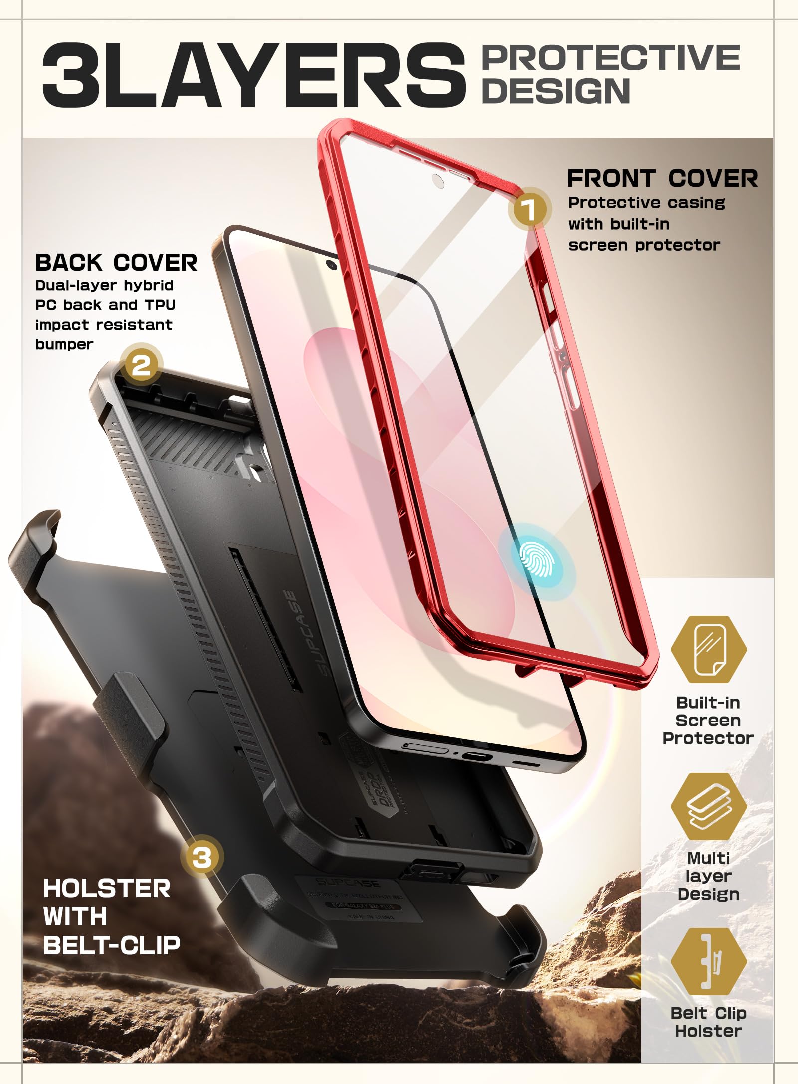 SUPCASE for Samsung Galaxy S25 Plus Case with Stand (Unicorn Beetle Pro), [2 Front Frames] [Built-in Screen Protector & Belt-Clip] Military-Grade Protection Phone Case for Galaxy S25 Plus 6.7", Ruddy - Image 5