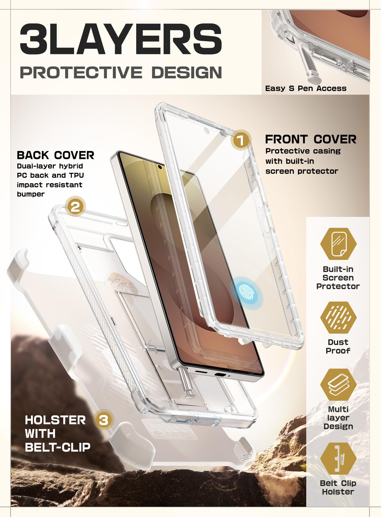 SUPCASE for Samsung Galaxy S25 Ultra Case with Stand (Unicorn Beetle Pro), [2 Front Frames] [Built-in Screen Protector & Belt-Clip] Military-Grade Protection Phone Case for S25 Ultra 6.9 Inch, Clear - Image 5