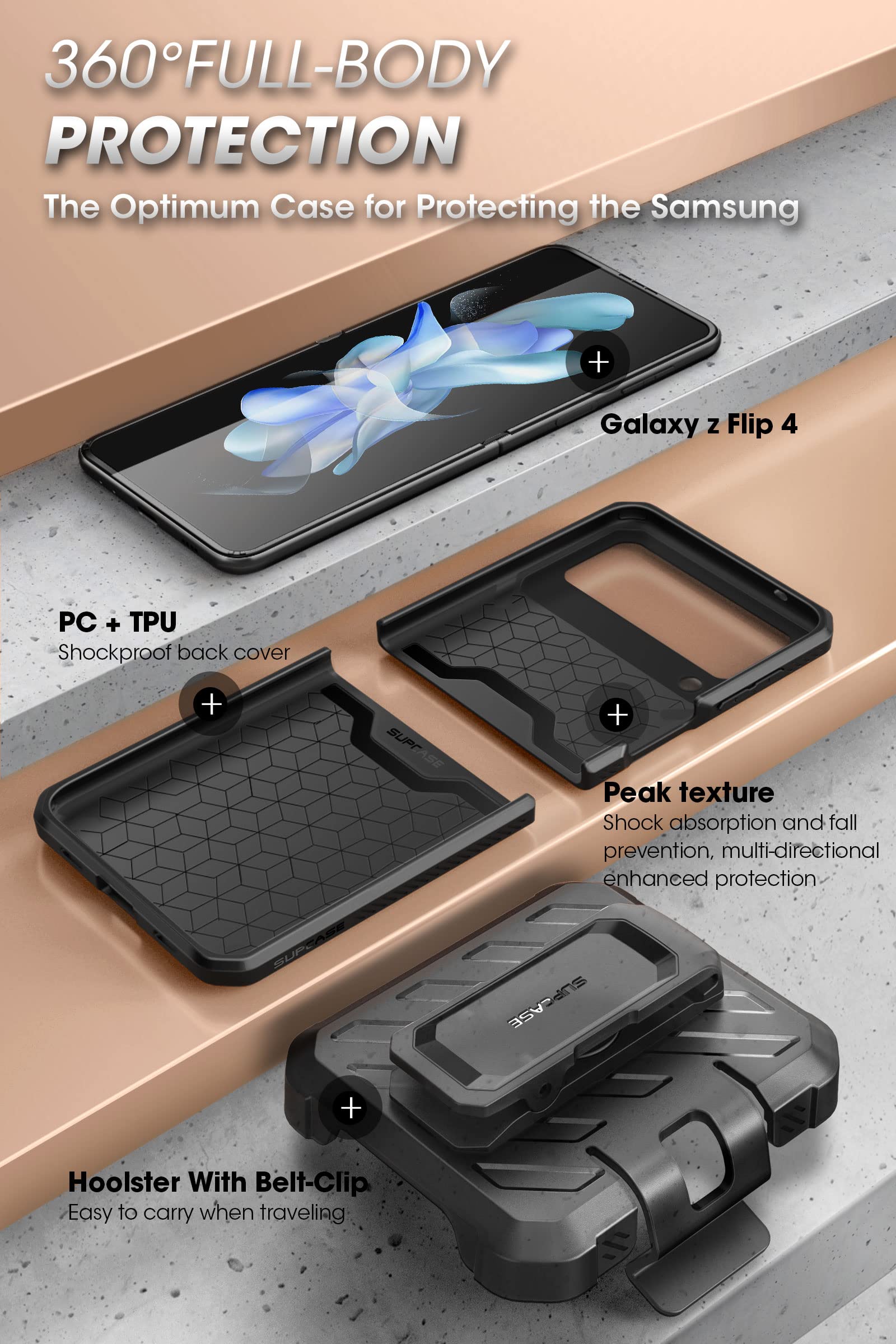 SUPCASE for Samsung Samsung Galaxy Z Flip 4 Case with Belt-Clip (Unicorn Beetle Pro), [Anti-Scratch] [Military-Grade Protection] Full-Body Dual Layer Rugged Phone Case for Galaxy Z Flip 4, Black - Image 4