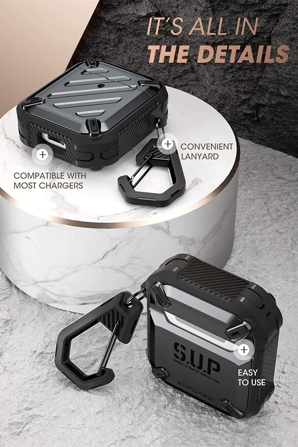 SUPCASE Unicorn Beetle Pro Series Case Designed for Airpods 1 & 2, Full-Body Rugged Protective Case with Carabiner for Apple Airpods 1st & 2nd (Black) - Image 5